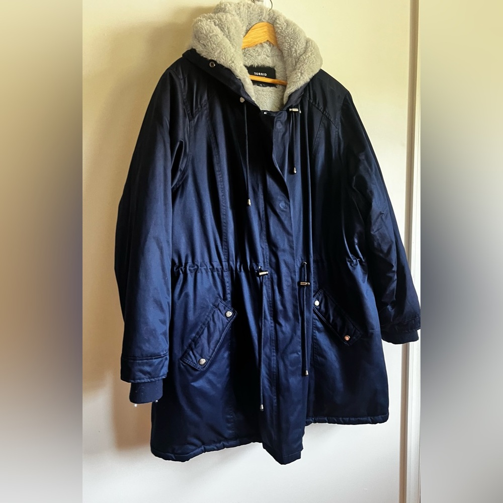 Torrid 5x Navy Hooded Sherpa Parka Coat with gray sherpa lining - Picture 16 of 16